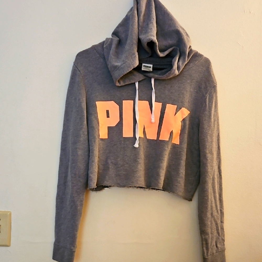 Small PINK Victoria's Secret Gray Hoodie with‎ Orange (Peach) Logo